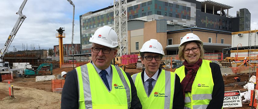 NSW Minister for Health Brad Hazzard, Local MP Dr Joe McGirr and MLHD Chief Executive Jill Ludford on the Stage 3 site in July 2019.
